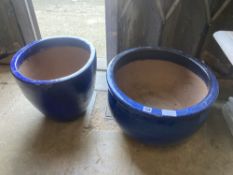 Two circular blue glazed garden planters, larger 50cm diameter, 30cm high