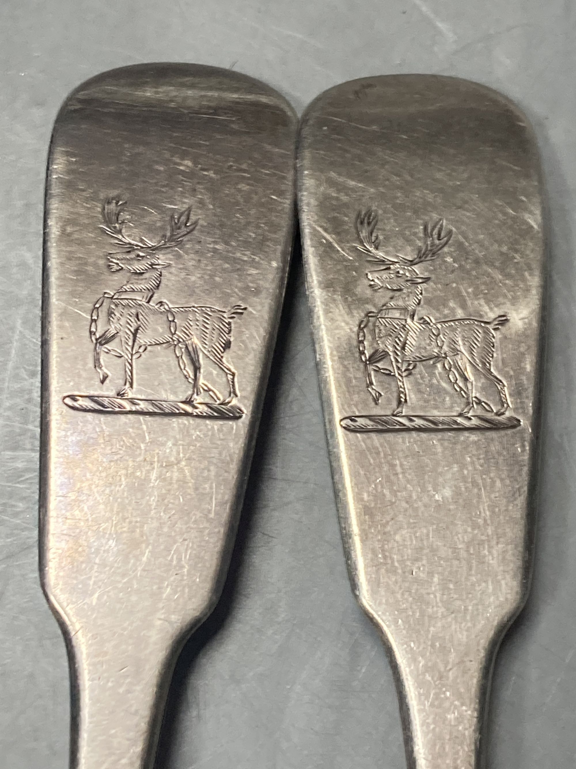 A pair of late George III Irish silver fiddle pattern table spoons, Samuel Neville, Dublin, 1816/17, - Image 2 of 4