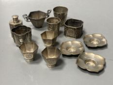Two Chinese white metal tots, one by Wang Hing and seven other Chinese items including white metal