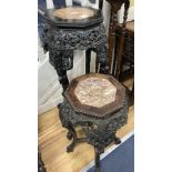 Two Chinese hongmu and marble inset octagonal stands, late 19th century, largest width 40cm height