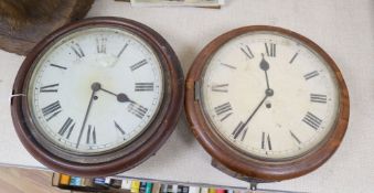 A Victorian pine dial wall clock with fusee movement and a similar clock with German movement,