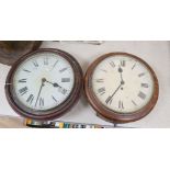 A Victorian pine dial wall clock with fusee movement and a similar clock with German movement,