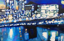 Sharon Rosa Seymour (Contemporary), oil on canvas, Waterside buildings at night, 102 x 168cm,