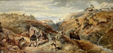 De Gourlay Steell, oil on board, Deer hunters in the Highlands, signed, 32 x 67cm