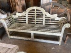 A vintage Lutyens design weathered teak garden bench, width 196cm depth 50cm height 106cm