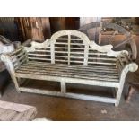 A vintage Lutyens design weathered teak garden bench, width 196cm depth 50cm height 106cm