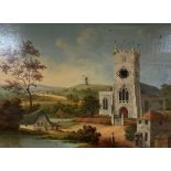 Victorian School, oil on wooden panel, Landscape with church and windmill inset with a watch dial,