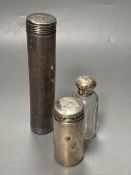 Three silver mounted travelling jars, two in a case, largest 17.1cm, weighable silver 5oz,.