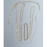 Five assorted modern 9ct chains (three a.f.) and a 9ct bracelet, gross 30 grams.