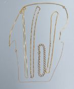 Five assorted modern 9ct chains (three a.f.) and a 9ct bracelet, gross 30 grams.