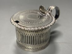 A George IV silver drum mustard, with blue glass liner, Emes & Barnard, London,1824, height 6.7cm,