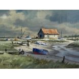 Denis Pannett (1939-), watercolour, Boats at Thornham, signed, 25 x 35.5cm