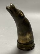 A Victorian Yorkshire horn snuff mull, the brass cover engraved 'THOMAS THOMPSON, STOKSLEY 1841'