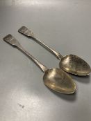 A pair of late George III Irish silver fiddle pattern table spoons, Samuel Neville, Dublin, 1816/17,