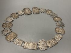 A late 19th century Chinese white metal wedding belt, by Cumwo, 83.5cm, 197 grams.CONDITION: Overall