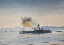 Eric Erskine Campbell Tufnell (1888-1978) watercolour, HMS Roberts, signed, 25 x 36cm.