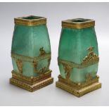 A pair of 19th century French acid-etched emerald green cameo glass vases, of slightly ovoid tapered