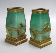 A pair of 19th century French acid-etched emerald green cameo glass vases, of slightly ovoid tapered