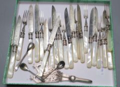 Eleven pairs of mother of pearl handles dessert eaters and other plated flatware