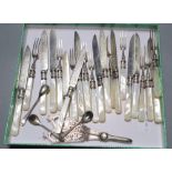 Eleven pairs of mother of pearl handles dessert eaters and other plated flatware