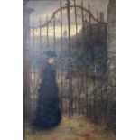 J.T.K 1876, oil on canvas, 'Love locked out', label verso, 49 x 33cm
