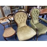 A Victorian mahogany open armchair, a Victorian nursing chair, five balloon back dining chairs and a