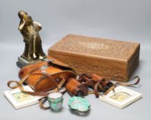 A spelter figure, Canton enamels items, binoculars etc