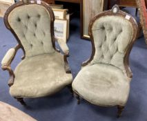 A pair of Victorian spoonback chairs, inset oval jasper plaques (one with arms)
