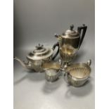 A late Victorian demi fluted silver three piece tea set, Mappin & Webb, Sheffield, 1897 & a