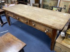 A large 19th century elm kitchen table fitted three drawers, length 227cm, width 88cm, height 80cm