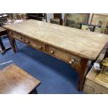 A large 19th century elm kitchen table fitted three drawers, length 227cm, width 88cm, height 80cm