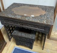 A Chinese carved hongmu folding table, width 83cm depth 56cm height 67cm, and a similar stool/stand,