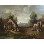 Demeret, oil on board, Farm scene with woman feeding chickens, 28 x 34cm