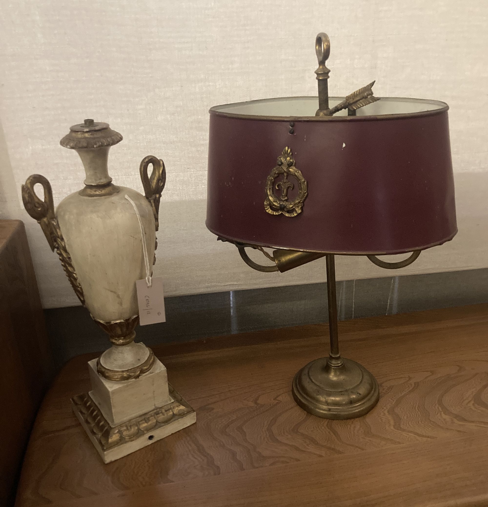 A brass table lamp with toleware shade, height 56cm, together with a parcel gilt painted wood