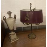A brass table lamp with toleware shade, height 56cm, together with a parcel gilt painted wood