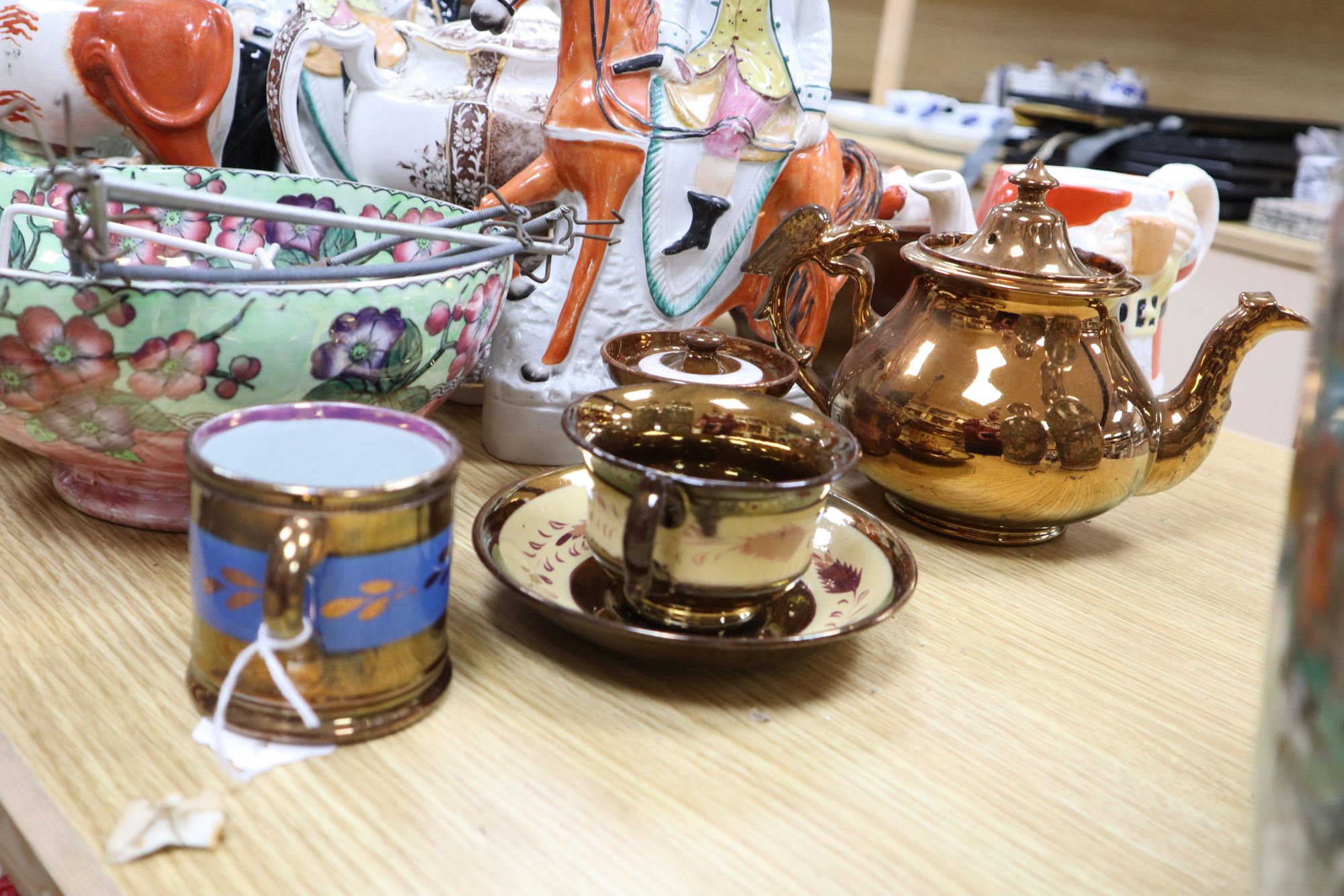 A group of Staffordshire pottery figures, teapots and lustre wares - Image 4 of 6