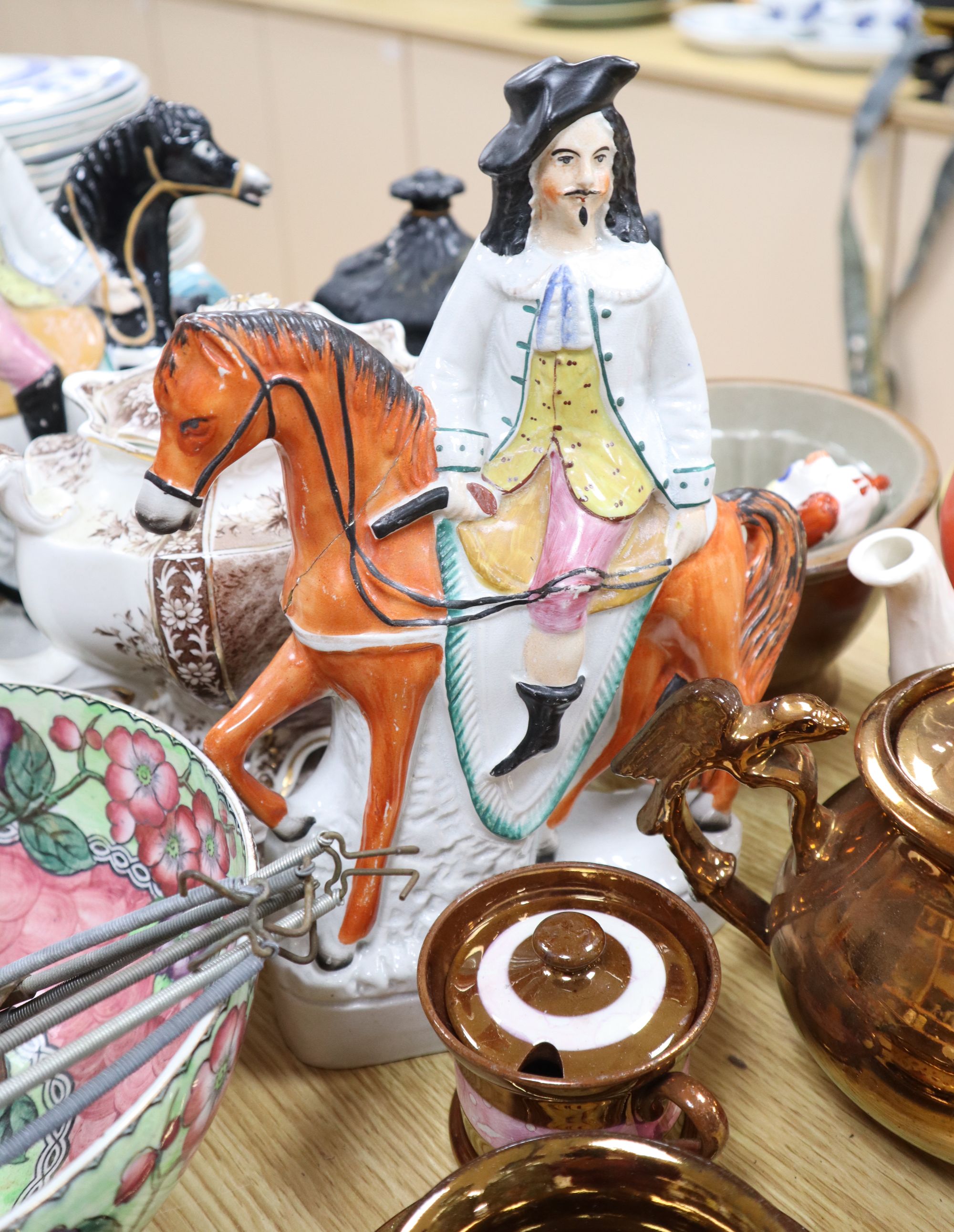 A group of Staffordshire pottery figures, teapots and lustre wares - Image 5 of 6