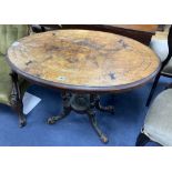 A Victorian oval walnut tilt top centre table, width 88cm depth 55cm height 67cm