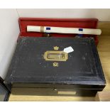 A Victorian Wickwar & Co government ledger box, together with a George V knights scroll of arms to