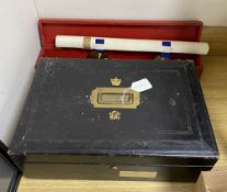 A Victorian Wickwar & Co government ledger box, together with a George V knights scroll of arms to