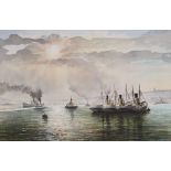 Graham Penn, watercolour, Tug boats in harbour, signed and dated 1984, 35 x 52cm, unframed