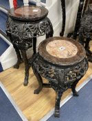 Two Chinese hongmu and marble inset faux bamboo vase stands, c.1900, larger width 36cm height