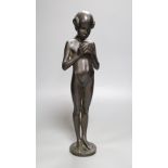 A bronze of a girl with bowl, signed W. Mellor, height 39cm