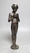 A bronze of a girl with bowl, signed W. Mellor, height 39cm