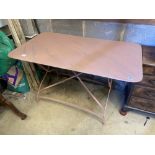 A painted metal folding garden table, width 124cm, depth 72cm, height 74cm