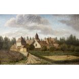 19th century Continental School, oil on canvas, View of a village with figures and a horse in the