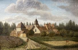 19th century Continental School, oil on canvas, View of a village with figures and a horse in the