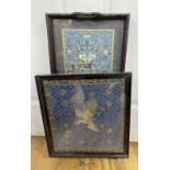 Two trays inset with Chinese embroidered silk panels, largest 53 x 23cmCONDITION: Provenance -