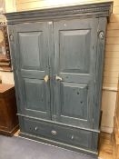 A Victorian style blue painted panelled pine two door wardrobe, width 140cm depth 60cm height 198cm