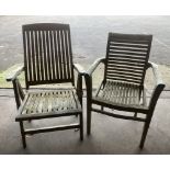 A weathered teak folding garden armchair, together with a teak garden elbow chair